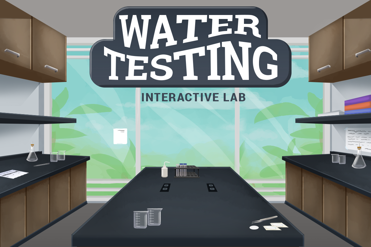 Interactive opening screen with title and science lab room opens in new window