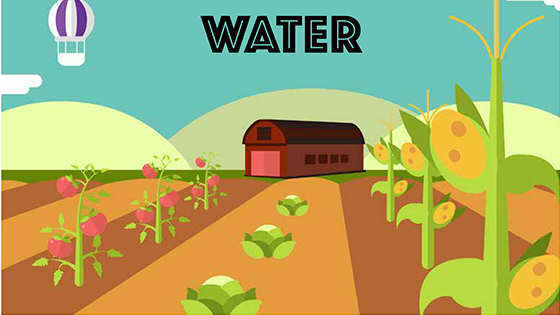 Cover of color book titled Water with illustration of a farm with rows of crops and red barn in the background.